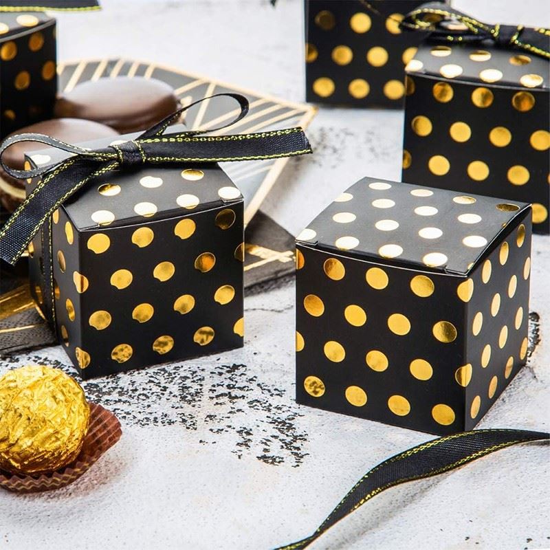 Custom Black & Gold Polka Dot Cube Box With Gold-Stitched Ribbon best
