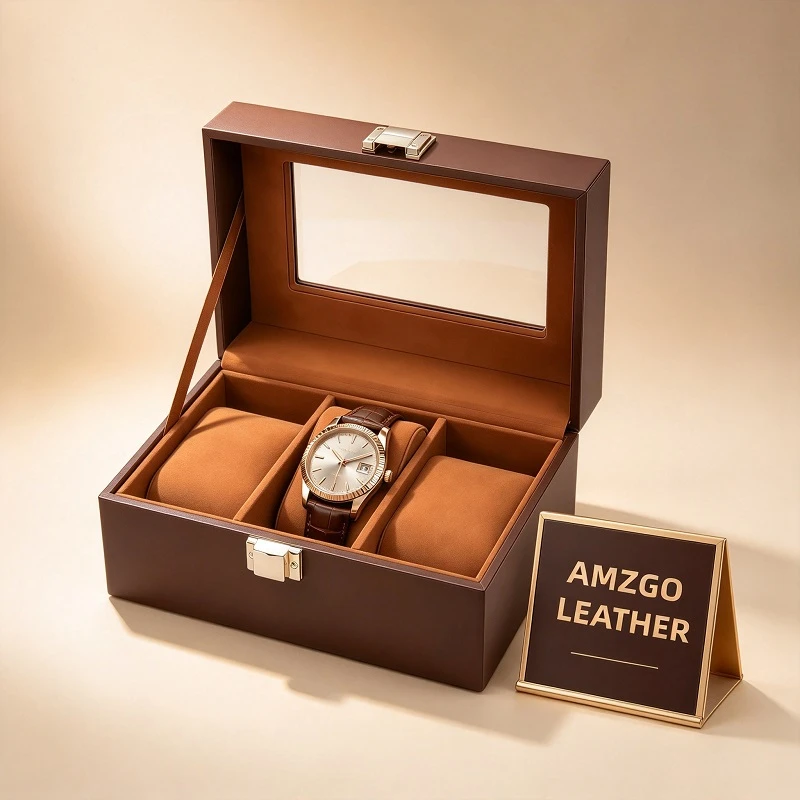 Custom Brown Leather Watch Storage Box With Transparent Display Lid