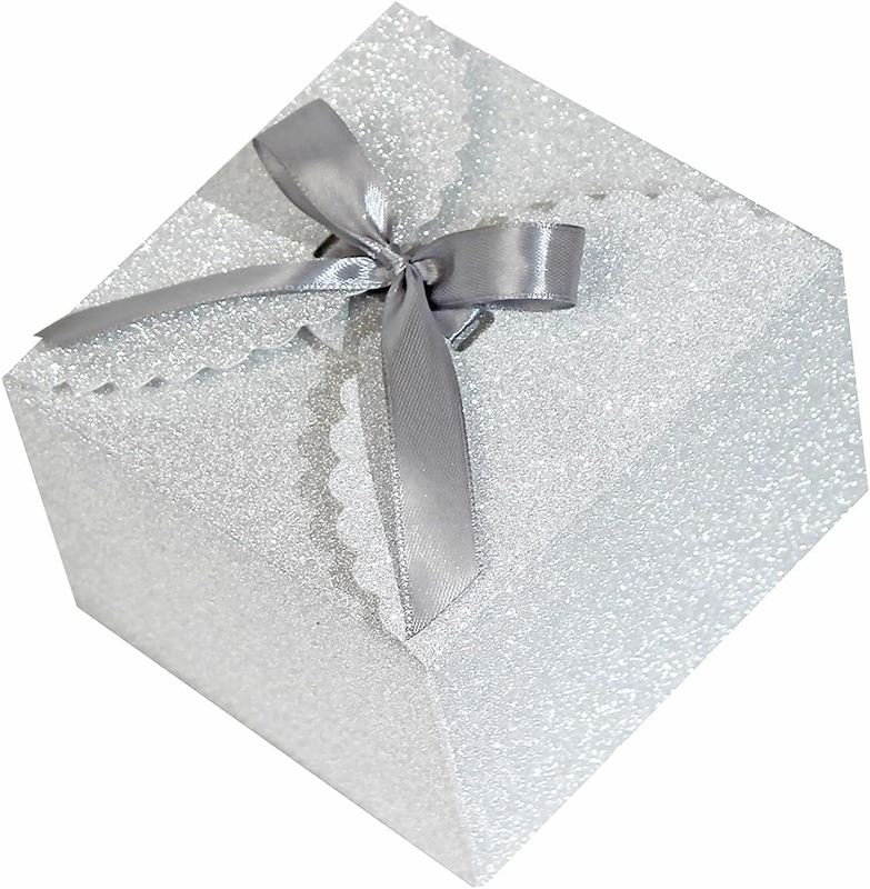 Custom Glitter Silver Scalloped Gift Box With Silver Satin Ribbon