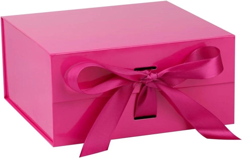 Custom Hot Pink Collapsible Ribbon Box With Magnetic Closure
