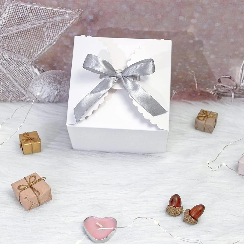 Custom Pure White Scalloped Gift Box With Silver Satin Ribbon high quality