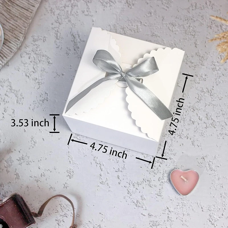 Custom Pure White Scalloped Gift Box With Silver Satin Ribbon high quality