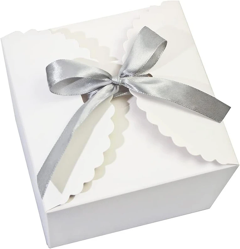 Custom Pure White Scalloped Gift Box With Silver Satin Ribbon
