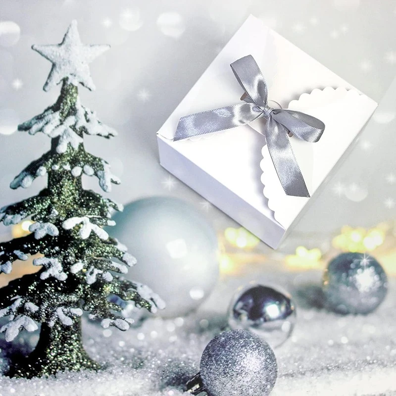 Custom Pure White Scalloped Gift Box With Silver Satin Ribbon best