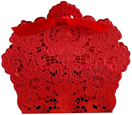 Custom Red Laser-Cut Lace Filigree Favor Box With Ribbon