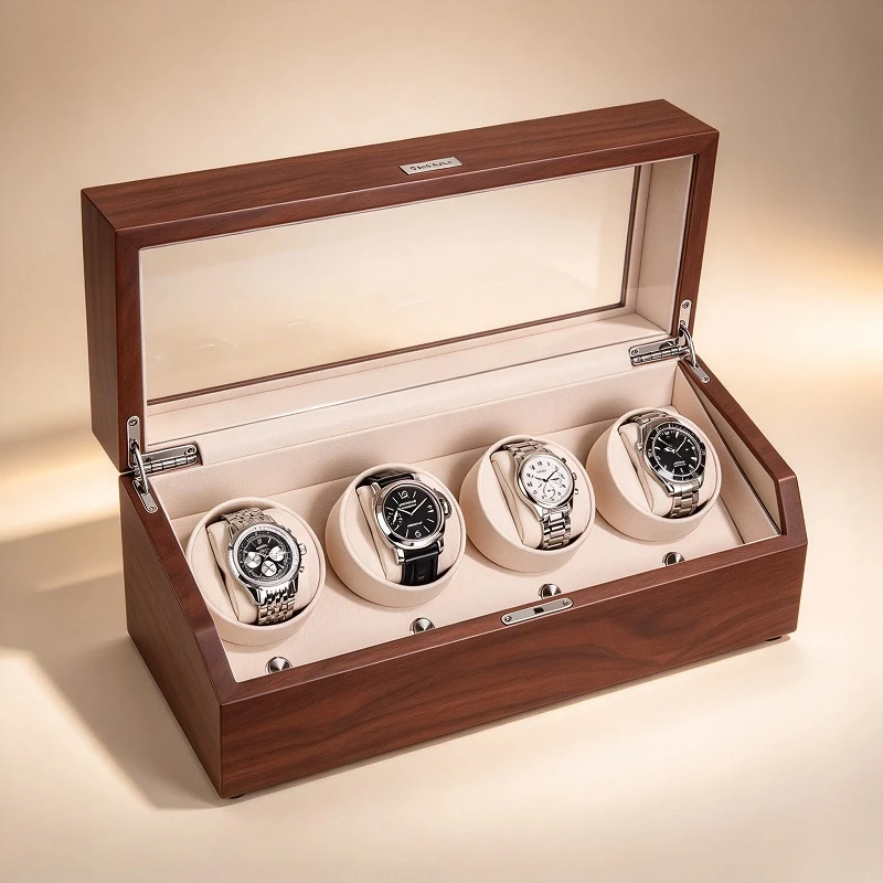 Custom Wooden 4 Watch Display Box With Transparent Lid