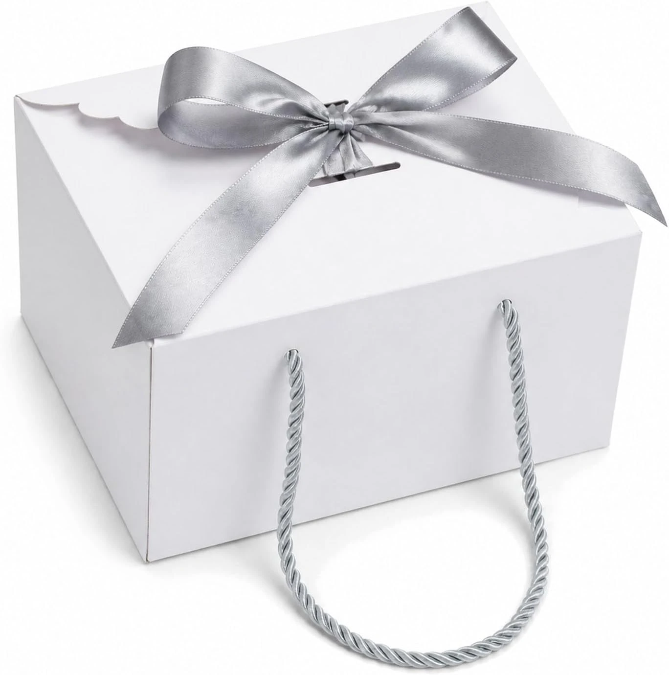 Custom White Scalloped Gift Box with Twisted Handles & Silver Ribbon Custom White Scalloped Gift Box with Twisted Handles & Silver Ribbon
