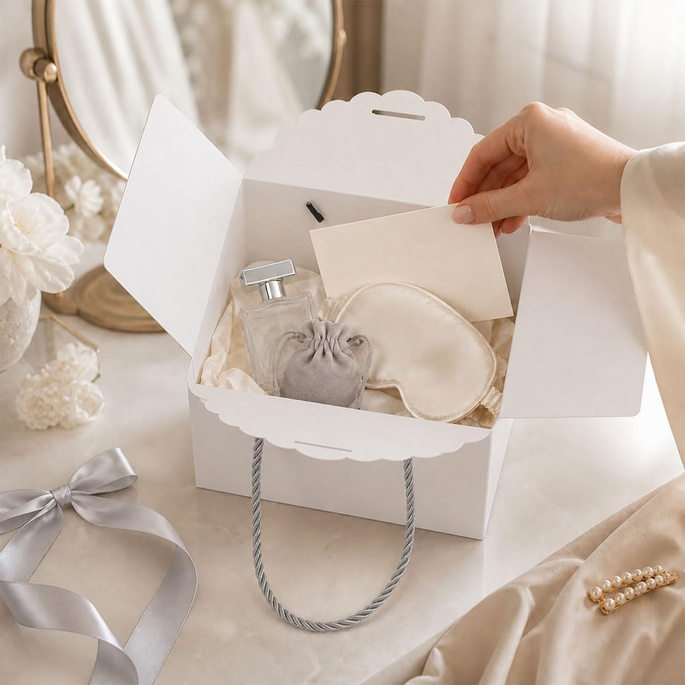 Custom White Scalloped Gift Box with Twisted Handles & Silver Ribbon Custom White Scalloped Gift Box with Twisted Handles & Silver Ribbon
