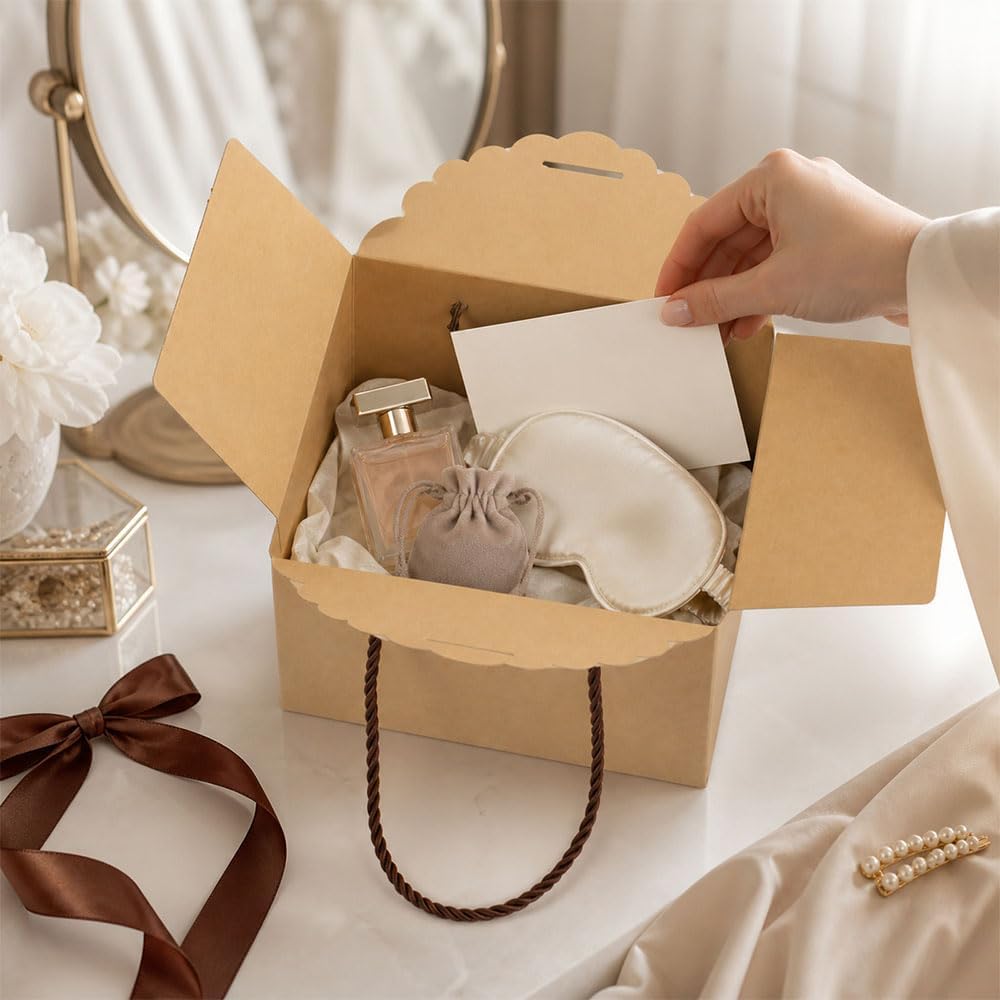 Custom Kraft Paper Gift Box with Twisted Handles & Chocolate Satin Bow Custom Kraft Paper Gift Box with Twisted Handles & Chocolate Satin Bow