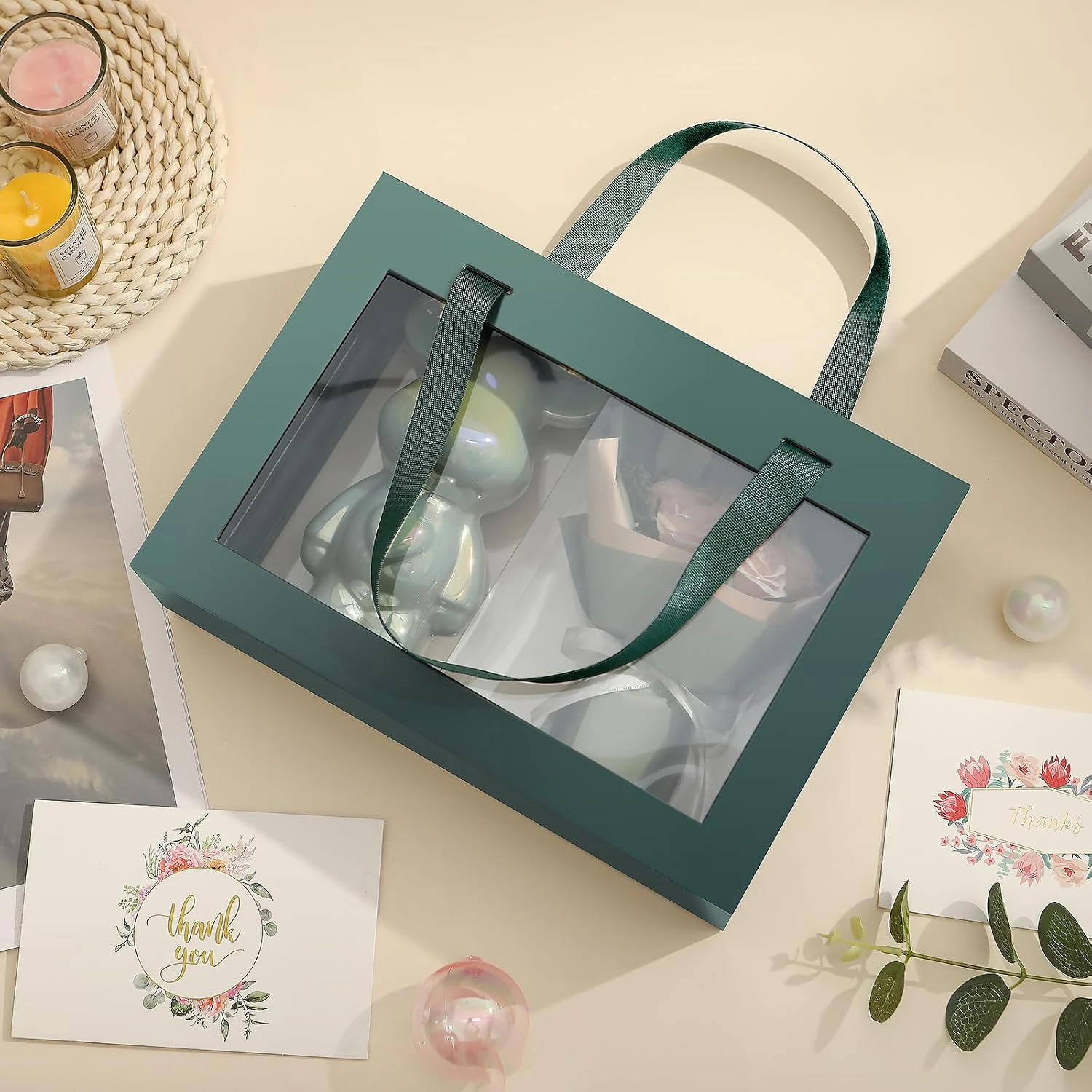 Custom Dark Green Collapsible Window Gift Box with Ribbon Handles & Magnetic Closure Custom Dark Green Collapsible Window Gift Box with Ribbon Handles & Magnetic Closure