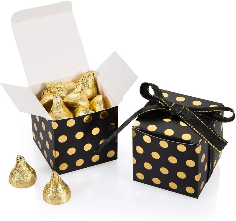 Custom Black & Gold Polka Dot Cube Box with Gold-Stitched Ribbon Custom Black & Gold Polka Dot Cube Box with Gold-Stitched Ribbon