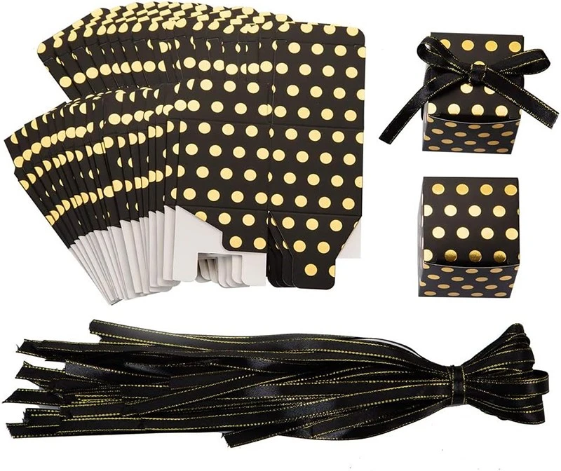 Custom Black & Gold Polka Dot Cube Box with Gold-Stitched Ribbon Custom Black & Gold Polka Dot Cube Box with Gold-Stitched Ribbon