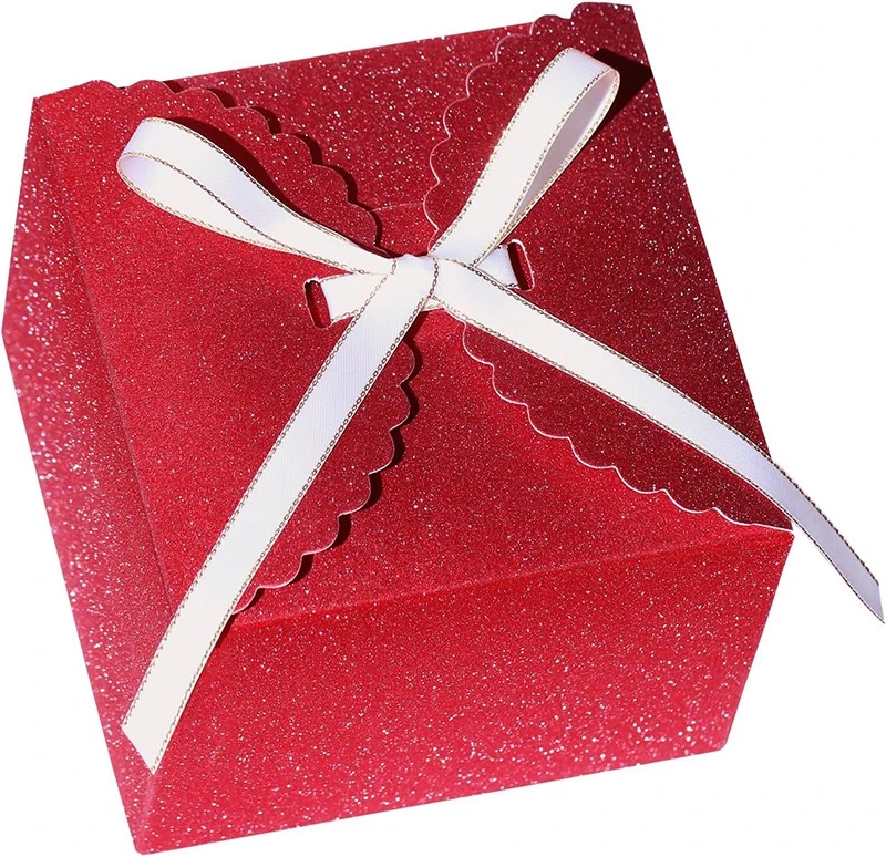 Custom Glitter Crimson Scalloped Gift Box with Gold-Trimmed Ribbon Custom Glitter Crimson Scalloped Gift Box with Gold-Trimmed Ribbon