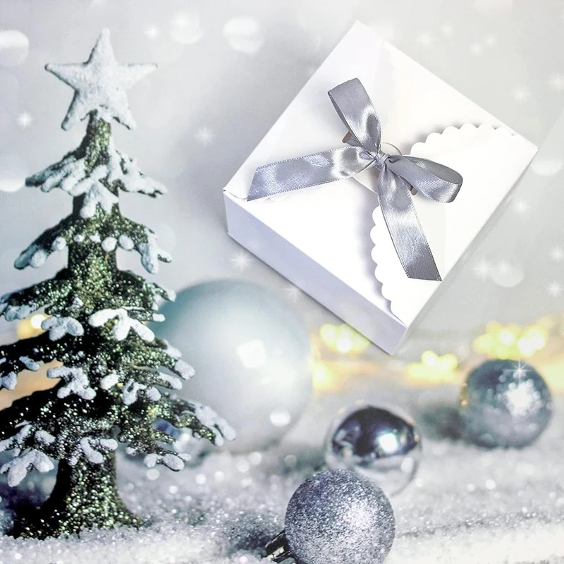 Custom Pure White Scalloped Gift Box with Silver Satin Ribbon Custom Pure White Scalloped Gift Box with Silver Satin Ribbon