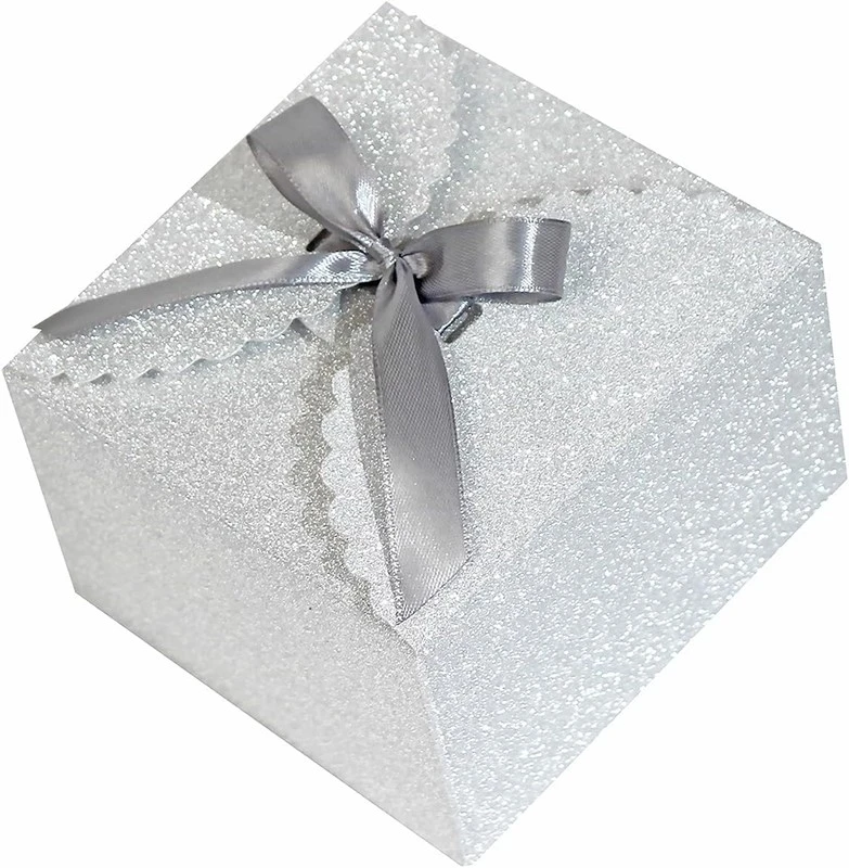 Custom Glitter Silver Scalloped Gift Box with Silver Satin Ribbon Custom Glitter Silver Scalloped Gift Box with Silver Satin Ribbon