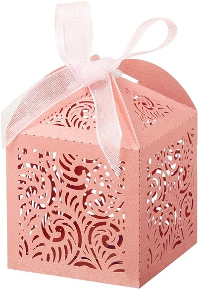 Custom Blush Pink Laser-Cut Favor Box With Sheer Organza Ribbon