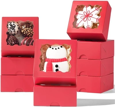 Custom Festive Red Windowed Bakery Box For Christmas & Holiday Favors