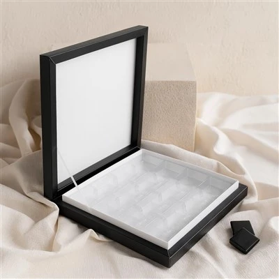 Custom Matte Black Hinged Rigid Box With Clear Window & Grid Insert