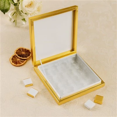 Custom Metallic Gold Hinged Rigid Box With Clear Window & Compartment Tray