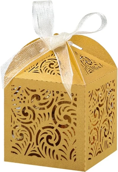Custom Metallic Gold Laser-Cut Favor Box With Organza Ribbon
