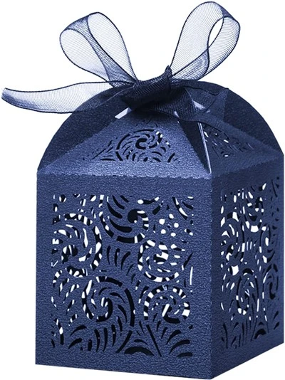 Custom Navy Blue Laser-Cut Favor Box With Sheer Organza Ribbon