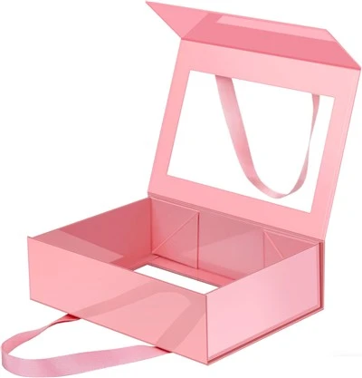 Custom Pink Collapsible Window Gift Box With Ribbon Handles & Magnetic Closure