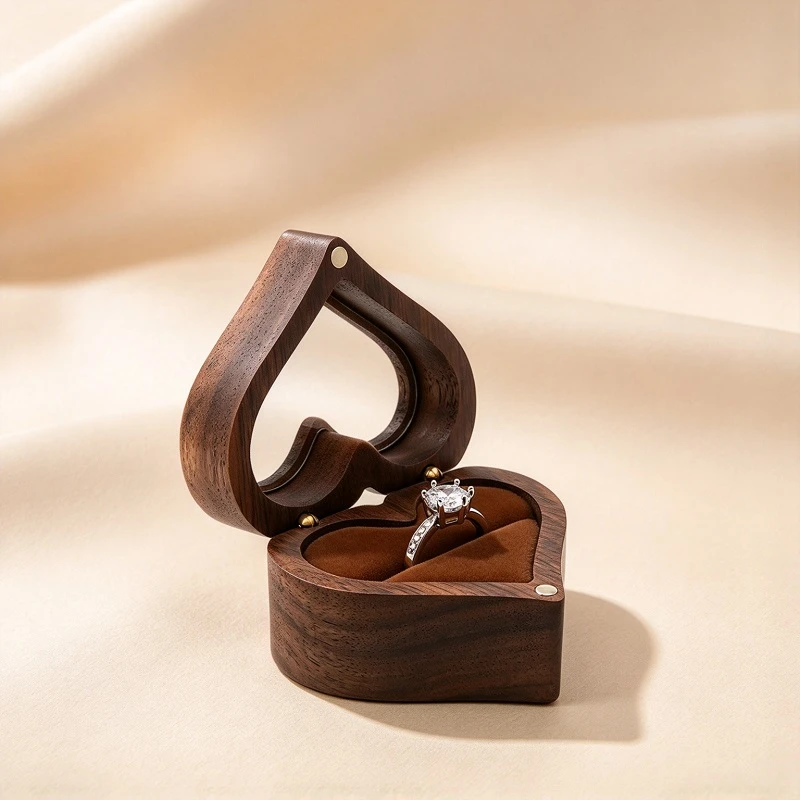Walnut Wood Heart Shaped Ring Box