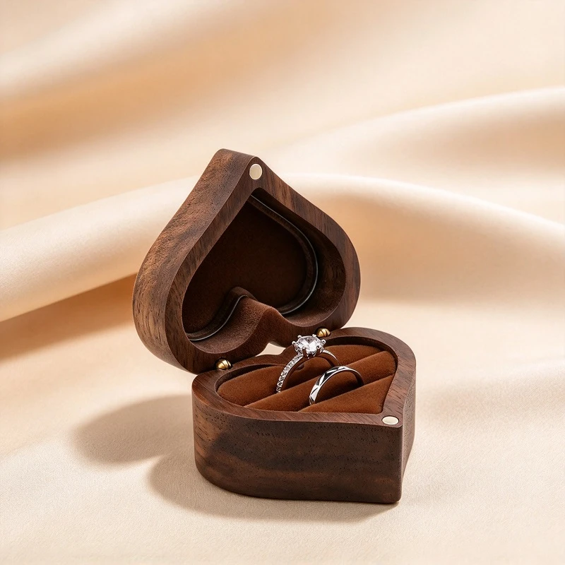 Wooden Heart Shaped Double Ring Box