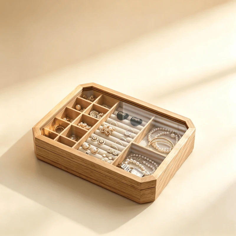 Wooden Jewelry Organizer Box With Glass Lid